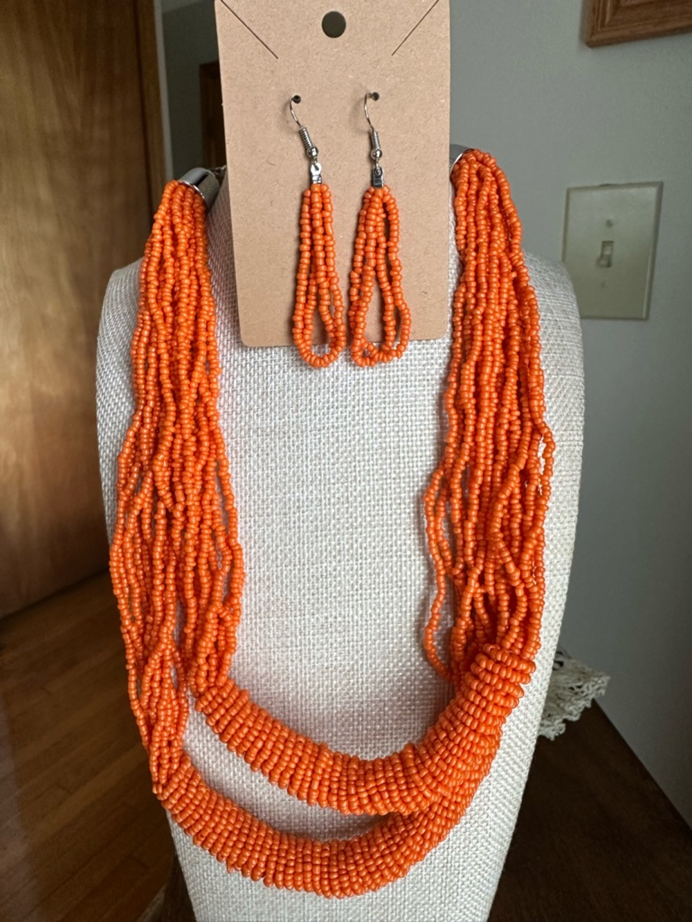 Orange Multi-Strand Seed Bead Necklace - with earrings